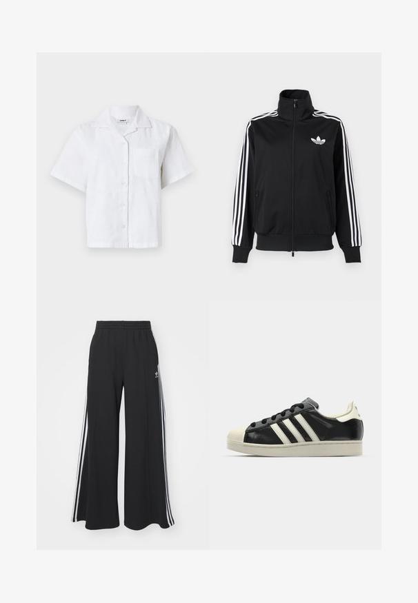 Black zip-up jacket made of smooth fabric, featuring white three-stripe accents on sleeves and a small white logo on the chest.; Short-sleeve white shirt featuring a textured pattern, button front, and chest pocket. Made from lightweight fabric with a relaxed fit.; Black wide-leg sweatpants with an elastic waistband, featuring white side stripes and an embroidered logo on the left thigh.; Black leather sneaker with white stripes, rubber toe cap, black laces, and a cream-colored outsole. Smooth texture with shiny finish.