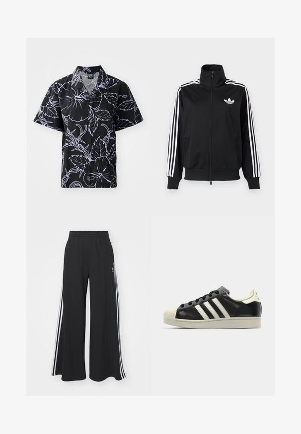 Svart zip-up jacka i slätt tyg med vita tre-randiga detaljer på ärmarna och en liten vit logga på bröstet.; Kortärmad svart skjorta med vita blommor och bladmönster, knäppning framtill och spetsig krage. Lättviktsmaterial med en slät yta.; Svarta vida sweatpants med elastisk midje, med vita sidosträck och en broderad logotyp på vänster lår.; Svart lädersneaker med vita ränder, gummitåhätta, svarta snören och en krämfärgad sula. Slät textur med blank yta.