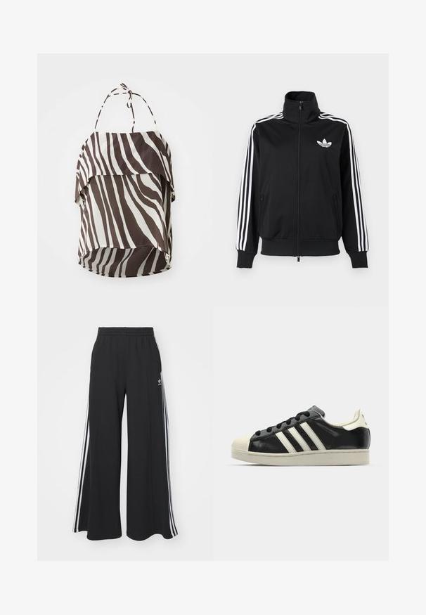Svart zip-up jacka i slätt tyg med vita tre-randiga detaljer på ärmarna och en liten vit logga på bröstet.; Brun och beige off-the-shoulder topp med zebramönster, tillverkad av lätt tyg, med justerbara knytband och utsvängd nederkant.; Svarta vida sweatpants med elastisk midje, med vita sidosträck och en broderad logotyp på vänster lår.; Svart lädersneaker med vita ränder, gummitåhätta, svarta snören och en krämfärgad sula. Slät textur med blank yta.