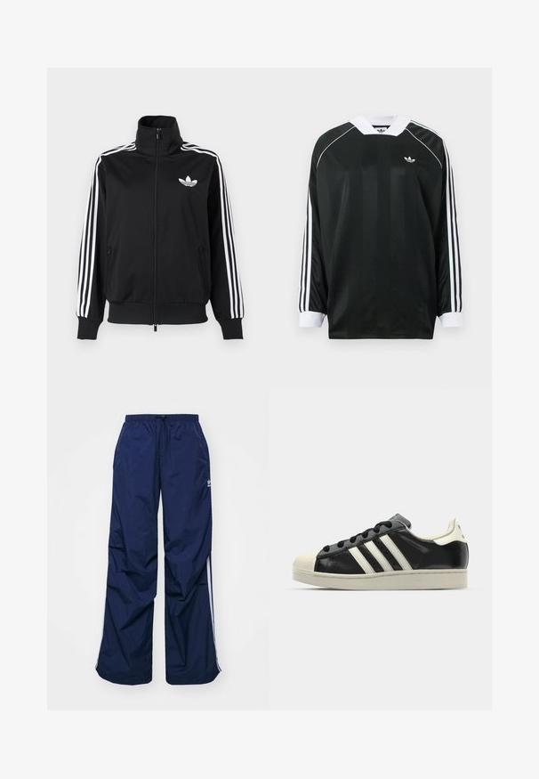 Jachetă neagră cu fermoar, realizată dintr-un material neted, cu accente albe cu trei dungi pe mâneci și un mic logo alb pe piept.; Cămașă neagră cu mâneci lungi și decolteu în V, cu dungi verticale, accente albe și trei dungi albe pe fiecare mânecă. Logo mic pe piept.; Pantaloni bleumarin, ușori, cu talie elastică și șnur, prevăzuți cu dungi albe pe părțile laterale și un mic logo în față. Croială lejeră.; Sneaker din piele neagră cu dungi albe, vârf din cauciuc, șireturi negre și talpă de culoare crem. Textură netedă cu finisaj strălucitor.