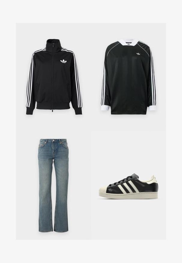 Black zip-up jacket made of smooth fabric, featuring white three-stripe accents on sleeves and a small white logo on the chest.; Black long-sleeve shirt with a V-neck, featuring vertical stripes, white accents, and three white stripes on each sleeve. Small logo on chest.; Light blue denim jeans feature a straight fit, five-pocket design, and copper hardware accents. Fabric has a slightly textured finish.; Black leather sneaker with white stripes, rubber toe cap, black laces, and a cream-colored outsole. Smooth texture with shiny finish.