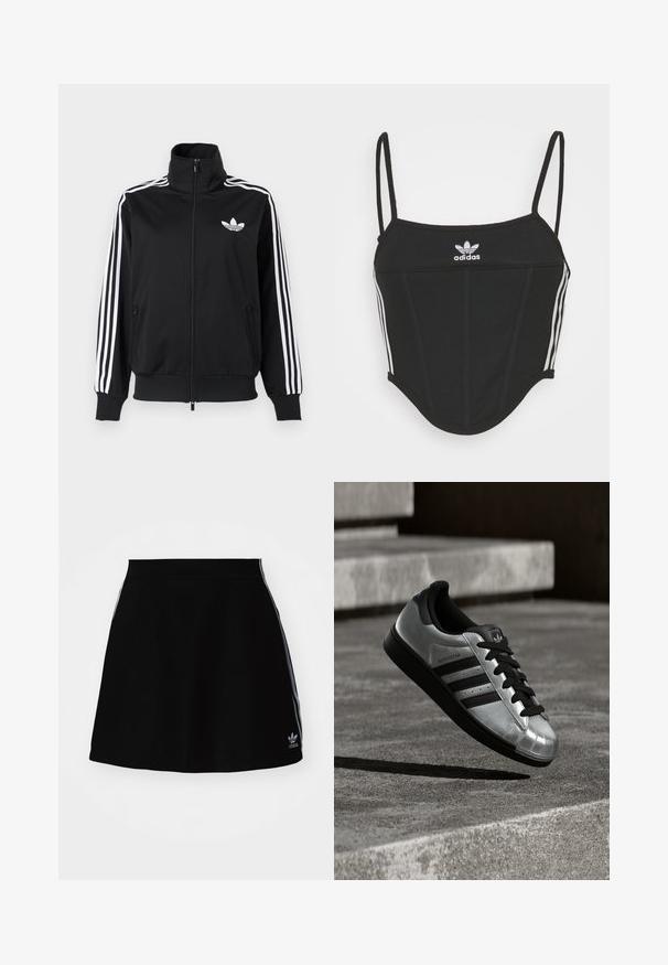Jaqueta preta com fecho de correr, feita de tecido liso, com detalhes de três riscas brancas nas mangas e um pequeno logo branco no peito.; Top crop preto canelado com alças finas ajustáveis, apresentando três riscas brancas nas laterais e um pequeno logótipo branco da Adidas ao centro.; Saia atlética preta com um design evasé, apresentando riscas laterais brancas e um logótipo bordado na bainha. Feita de um material liso e elástico.; Sapatilha prateada com sola de borracha preta, atacadores pretos e três riscas pretas. Apresenta um acabamento metálico e design clássico com biqueira reforçada.