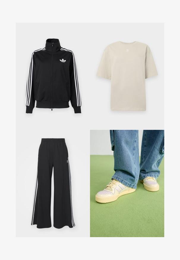 Jachetă neagră cu fermoar, realizată dintr-un material neted, cu accente albe cu trei dungi pe mâneci și un mic logo alb pe piept.; Tricou bej cu mâneci scurte, realizat din bumbac, cu guler rotund și logo mic alb Adidas imprimat pe piept. Textură moale, croială relaxată.; Pantaloni de trening negri cu croială largă, prevăzuți cu un brâu elastic, având dungi laterale albe și un logo brodat pe coapsa stângă.; Adidași cu un upper crem și o talpă din cauciuc texturat, având detalii perforate și accente stratificate în nuanțe de albastru pal și bej.