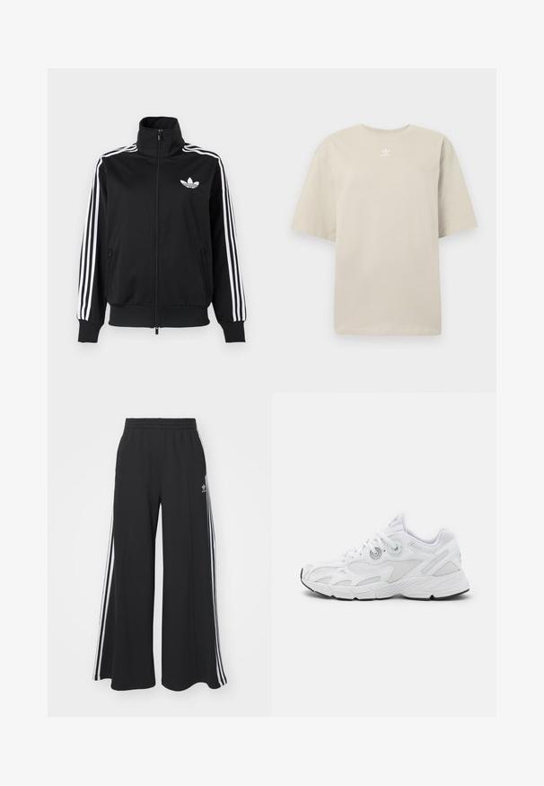 Black zip-up jacket made of smooth fabric, featuring white three-stripe accents on sleeves and a small white logo on the chest.; Beige short-sleeve t-shirt made of cotton, featuring a round neck and small white Adidas logo printed on the chest. Soft texture, relaxed fit.; Black wide-leg sweatpants with an elastic waistband, featuring white side stripes and an embroidered logo on the left thigh.; White athletic shoes with a mesh upper, textured design, rounded toe, padded collar, and rubber sole with a black accent.