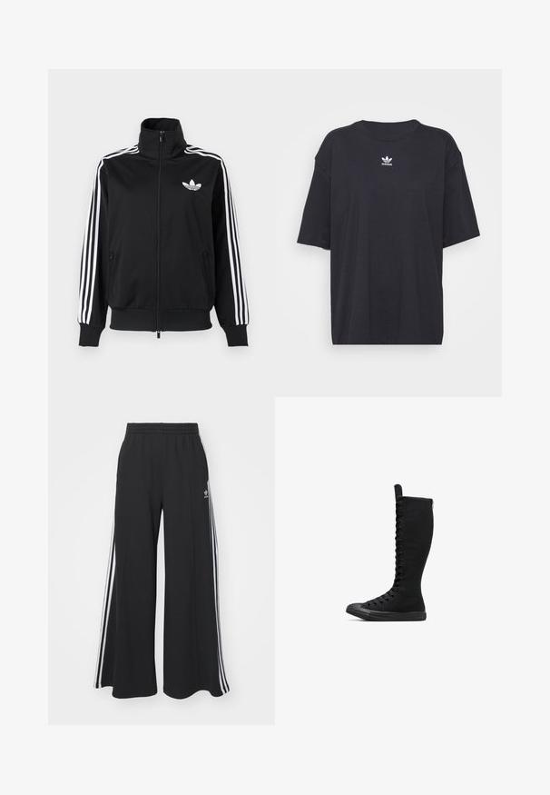 Svart hettejakke med glidelås laget av glatt stoff, med hvite tre-stripe detaljer på ermene og en liten hvit logo på brystet.; Svart bomull T-skjorte med korte ermer, rund halslinje, med en hvit Adidas-logo på brystet. Enkel design, avslappet passform.; Svart vide joggebukser med elastisk midjebånd, med hvite sidestriper og brodert logo på venstre lår.; Svarte høye kanvasstøvler med rund tå, glidelåslukking og snøring foran. Har en teksturert overflate og gummisåle.