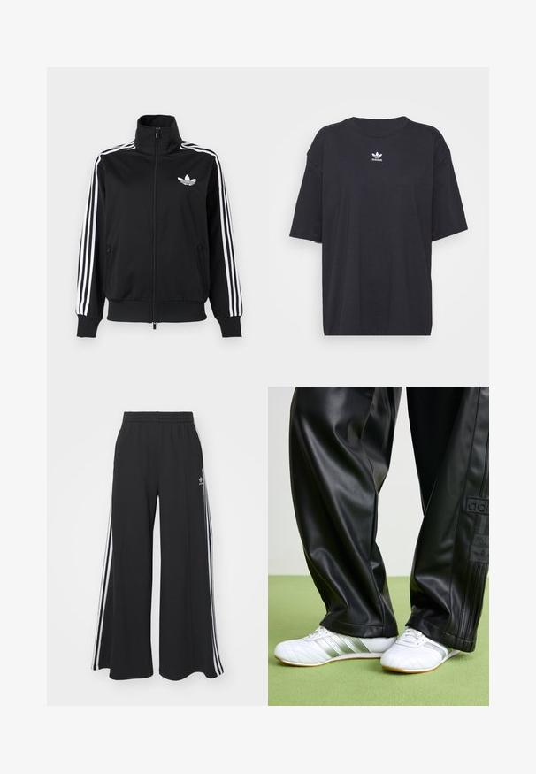 Fekete cipzáras dzseki sima anyagból, fehér háromsávos díszítéssel az ujjakon és egy kis fehér logóval a mellkasnál.; Fekete pamut póló rövid ujjakkal, kerek nyakkivágással, mellkason fehér Adidas logóval. Egyszerű dizájn, laza fazon.; Fekete, bő szárú melegítőnadrág, rugalmas derékkal, fehér oldalsávokkal és hímzett logóval a bal combon.; Fekete műbőr nadrág laza szabással, sima textúrával és oldalsó csíkokkal. Fehér sportcipőkkel párosítva, ezüst részletekkel.