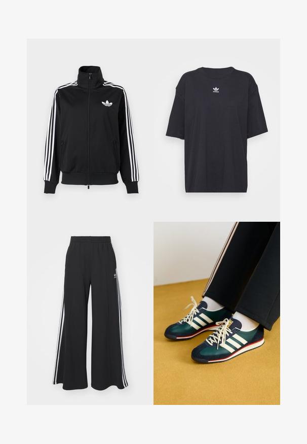 Črna jakna z zadrgo iz gladkega blaga, z belimi tremi črtami na rokavih in majhno belim logotipom na prsih.; Črna bombažna majica s kratkimi rokavi in okroglo ovratnikom, ki na prsih prikazuje bele Adidasove logotip. Enostaven dizajn, sproščen kroj.; Črne široke trenirke z elastičnim pasom, ki imajo bele stranske proge in vezeno logo na levi stegna.; Zelene suede in mrežaste teniske z belimi črtami in rdečimi poudarki. Imajo ravno podplat in okroglo konico, z vezalkami v kremni barvi.