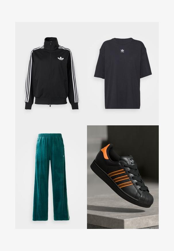 Melna rāvējslēdzēja jaka no gludas auduma ar baltām trīs joslu detaļām uz piedurknēm un mazu baltu logotipu uz krūtīm.; Melna kokvilnas t-kreklā ar īsām piedurknēm un apaļu kakla izgriezumu, uz krūtīm ir balta Adidas logo. Vienkāršs dizains, brīvs piegriezums.; Tīklaji zaļi velūra bikses ar brīvu piegriezumu, elastīgu jostu, sānu kabatām un nišu tekstūras rakstu. Satur kontrastējošas svītras gar sāniem.; Melnas kedas ar oranžiem akcentiem, trīs horizontālas svītras, teksturēts ādas augšdaļa, gumijas purngala daļa un melnas auklas.