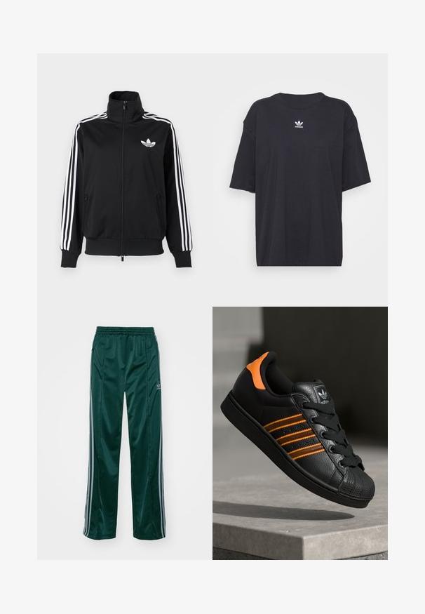 Juodas užsegamas džemperis, pagamintas iš lygaus audinio, su baltomis trimis juostelėmis ant rankovių ir mažu balto logotipo ant krūtinės.; Juodas medvilnės marškinėliai trumpomis rankovėmis, apvaliu iškirpimu, su baltu Adidas logo ant krūtinės. Paprastas dizainas, laisvas kirpimas.; Tamsiai žali sportiniai kelnės, pagamintos iš blizgaus audinio, su šoninėmis šviesiai pilkomis juostelėmis ir išsiuvinėtu logotipu kairėje kojoje.; Juodas sportinis batelis su oranžiniais akcentais, trimis horizontaliomis juostelėmis, tekstūruota odinė viršutinė dalis, guminiu nosių dangteliu ir juodomis raišteliais.