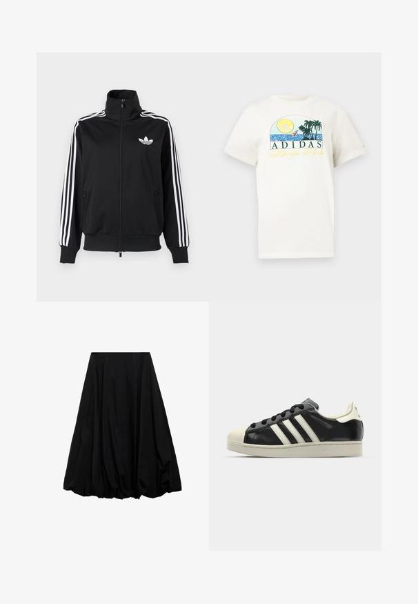 Czarna kurtka zapinana na zamek wykonana z gładkiej tkaniny, z białymi trzema paskami na rękawach i małym białym logo na piersi.; Biała bawełniana koszulka z nadrukiem przedstawiającym słońce, palmy i wodę. Na przodzie biało-zielono-żółty napis "ADIDAS Sports Club".; Czarna midi spódnica uszyta z lekkiego materiału, charakteryzująca się objętością, z marszczeniami u dołu i plisowanym fasonem w talii.; Czarne skórzane trampki z białymi paskami, gumowym czubkiem, czarnymi sznurówkami i kremową podeszwą. Gładka faktura z połyskującym wykończeniem.
