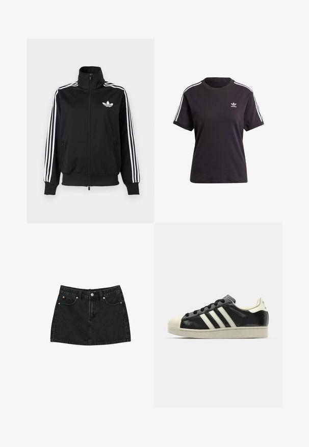 Crna jakna na patentni zatvarač od glatkog tkanja, s bijelim tri pruge na rukavima i malim bijelim logotipom na prsima.; Crna pamučna majica kratkih rukava s okruglim izrezom, ukrašena bijelim trakama na ramenima i malim bijelim Adidas logom na prsima.; Crna traper mini suknja s prednjim gumbom, peteljkama i dva prednja džepa s bakrenim zakovicama, položena ravno na bijeloj pozadini.; Crni kožni tenisice s bijelim prugama, gumeni zaštitni vrh, crne vezice i bijela potplata boje krem. Glatka tekstura s sjajnim završetkom.