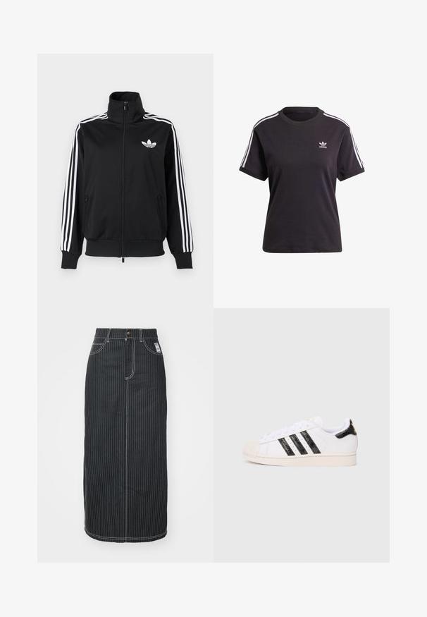 Črna jakna z zadrgo iz gladkega blaga, z belimi tremi črtami na rokavih in majhno belim logotipom na prsih.; Črna bombažna kratkotrajna majica s kratkimi rokavi in okroglim izrezom, ki ima bele črte na ramenih in majhno belo Adidasovo logo na prsih.; Črna denim midi krilka z belimi navpičnimi črtami. Ima pas na gumb, dve sprednji žepki in kontrastno šivanje. Straight cut dizajn.; Beli čevelj na vezanje s črnimi teksturiranimi črtami in dodatki; ima gumijasti zaščitni del na prstih, ravne vezalke in oblogo okoli gležnja, ki nudi udobje.