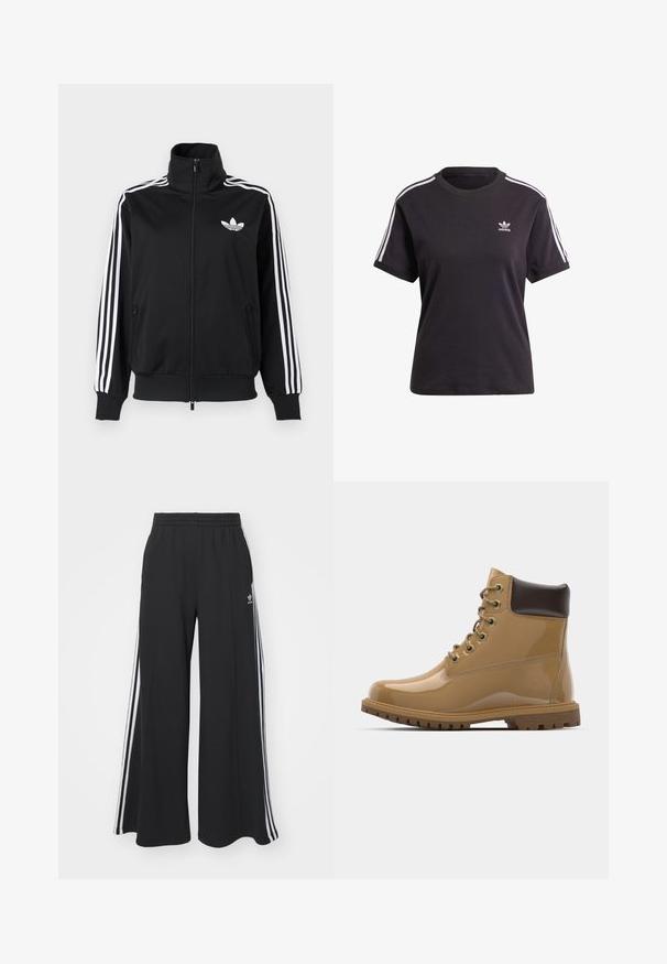 Czarna kurtka zapinana na zamek wykonana z gładkiej tkaniny, z białymi trzema paskami na rękawach i małym białym logo na piersi.; Czarny bawełniany t-shirt z krótkim rękawem i okrągłym dekoltem, z białymi paskami na ramionach oraz małym białym logo Adidasa na piersi.; Czarne szerokie spodnie dresowe z elastycznym pasem, z białymi paskami po bokach i haftowanym logo na lewej udzie.; Brązowe skórzane botki za kostkę z połyskiem, z brązowymi akcentami, okrągłym noskiem, sześcioma metalowymi oczkami, brązowymi sznurowadłami oraz teksturowaną gumową podeszwą.