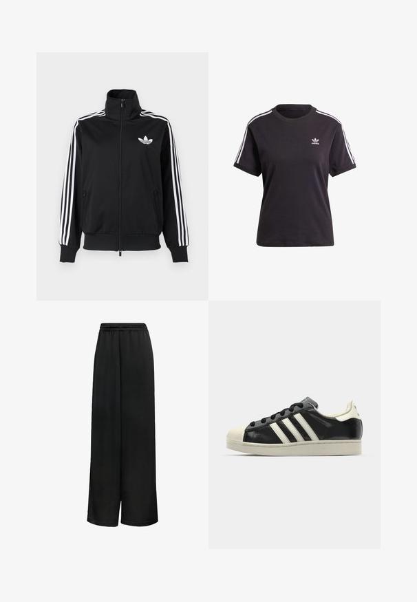 Svart hettejakke med glidelås laget av glatt stoff, med hvite tre-stripe detaljer på ermene og en liten hvit logo på brystet.; Svart bomull T-skjorte med kort erme og rund hals, med hvite striper på skuldrene og en liten hvit Adidas-logo på brystet.; Svarte vide bukser laget av glatt stoff, med elastisk midje og løs passform for komfort. Ingen distinkte mønstre eller detaljer.; Svarte skinnsneakers med hvite striper, gummitopp, svarte lisser og en kremfarget såle. Glatt tekstur med blank finish.