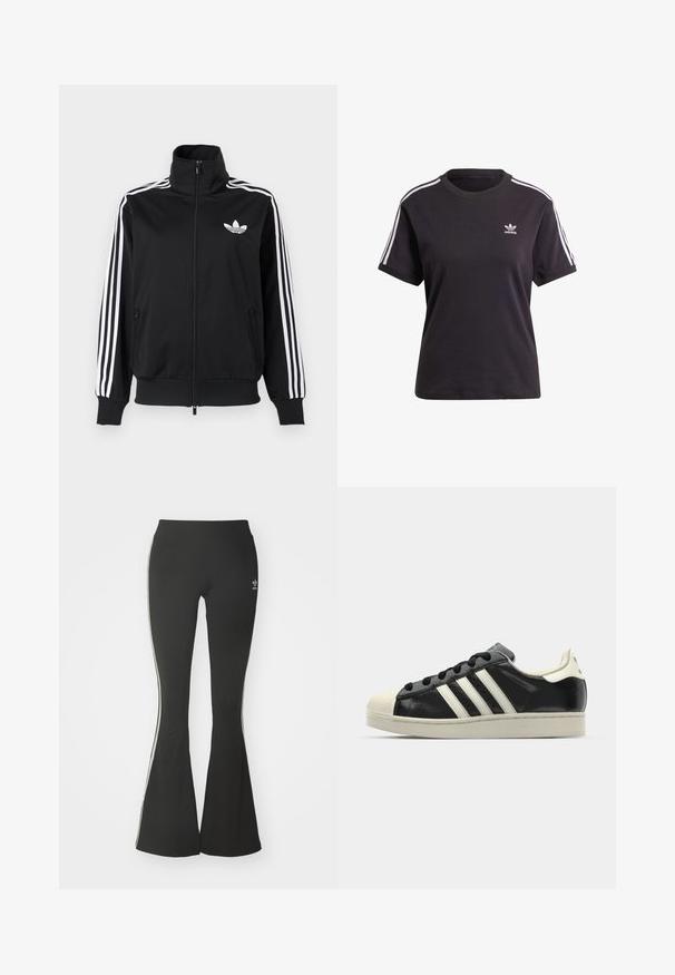 Crna jakna na patentni zatvarač od glatkog tkanja, s bijelim tri pruge na rukavima i malim bijelim logotipom na prsima.; Crna pamučna majica kratkih rukava s okruglim izrezom, ukrašena bijelim trakama na ramenima i malim bijelim Adidas logom na prsima.; Crne flared tajice izrađene od rastezljivog materijala, s visokim pojasom i bijelim bočnim trakama. Sadrži mali logo na pojasu.; Crni kožni tenisice s bijelim prugama, gumeni zaštitni vrh, crne vezice i bijela potplata boje krem. Glatka tekstura s sjajnim završetkom.