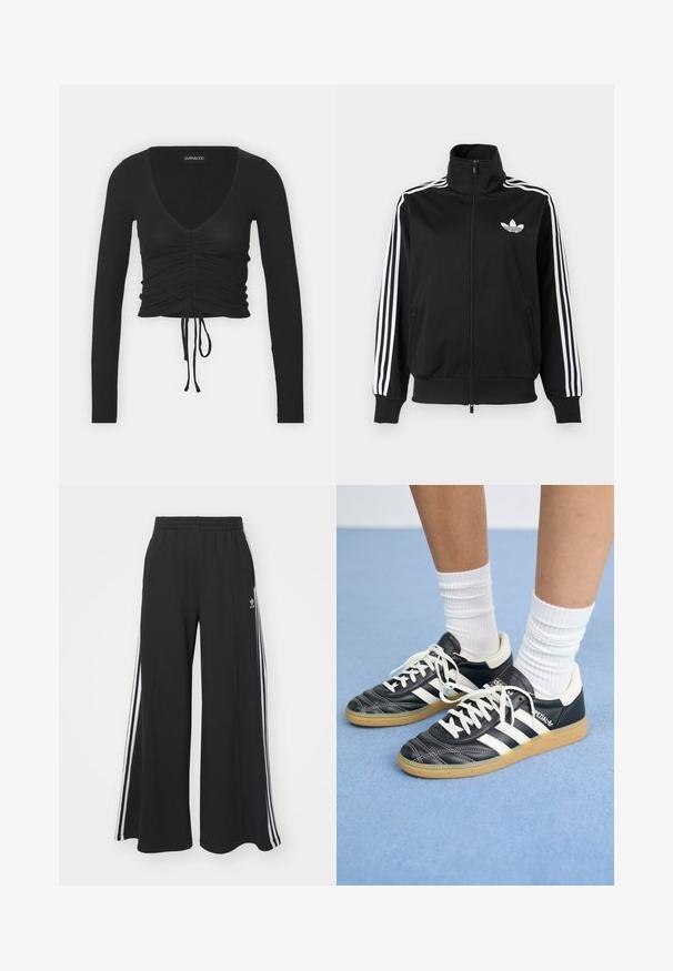 Czarna kurtka zapinana na zamek wykonana z gładkiej tkaniny, z białymi trzema paskami na rękawach i małym białym logo na piersi.; Czarny prążkowany krótki top z długim rękawem, z głębokim dekoltem w literę V, marszczonymi detalami z przodu oraz regulowanym wiązaniem na dolnym brzegu.; Czarne szerokie spodnie dresowe z elastycznym pasem, z białymi paskami po bokach i haftowanym logo na lewej udzie.; Czarne skórzane sneakersy z białymi paskami, okrągły czubek, białe sznurowadła i gumowa podeszwa. Podkreślone wyściełanym kołnierzem i detalami z logo.