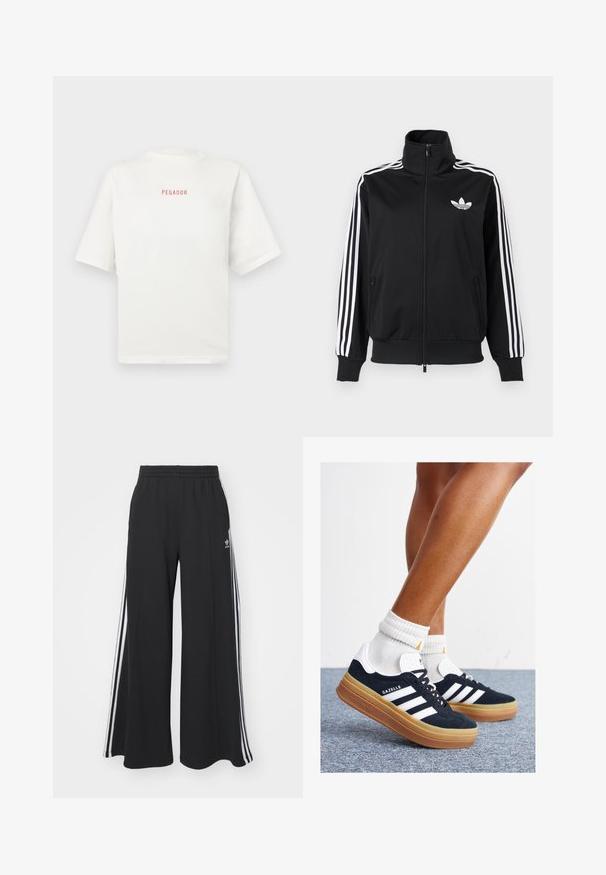 Svart hettejakke med glidelås laget av glatt stoff, med hvite tre-stripe detaljer på ermene og en liten hvit logo på brystet.; Hvit bomulls T-skjorte med rund hals og korte ermer. Har en liten rød "PEGADOR" logo på fremsiden. Myk tekstur, avslappet passform.; Svart vide joggebukser med elastisk midjebånd, med hvite sidestriper og brodert logo på venstre lår.; Svarte sneakers i semsket skinn med hvite striper og detaljer, rund tå, yttersåle i gummigummi, kombinert med hvite ribbestrikkede crew-sokker.