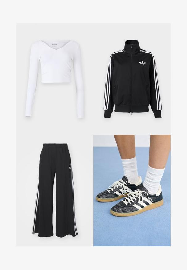 Svart zip-up jacka i slätt tyg med vita tre-randiga detaljer på ärmarna och en liten vit logga på bröstet.; Vit långärmad crop top tillverkad av ribbat tyg. Har en V-ringning och en figurnära passform. Minimalistisk design utan synliga dekorationer.; Svarta vida sweatpants med elastisk midje, med vita sidosträck och en broderad logotyp på vänster lår.; Svarta lädersneakers med vita ränder, rund tå, vita snören och sula av gummirubber. Betonar en vadderad krage och varumärkesdetaljer.