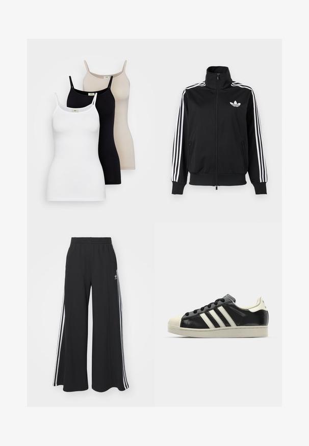 Juodas užsegamas džemperis, pagamintas iš lygaus audinio, su baltomis trimis juostelėmis ant rankovių ir mažu balto logotipo ant krūtinės.; Tris moterų akiniai be rankovių balos, juodos ir nuogos spalvos. Pagaminti iš lygios medvilnės, jie turi plonas dirželius ir prigludusią išvaizdą.; Juodos plačios kojų džinsinės kelnės su elastingu juosmeniu, turinčios baltas šonines juosteles ir išsiuvinėtą logotipą kairiajame šlaunyje.; Juodi odiniai sportiniai bateliai su baltais dryžiais, guminis toe kapas, juodi raišteliai ir kreminis padas. Lygus pavirčius su blizgiu finišu.