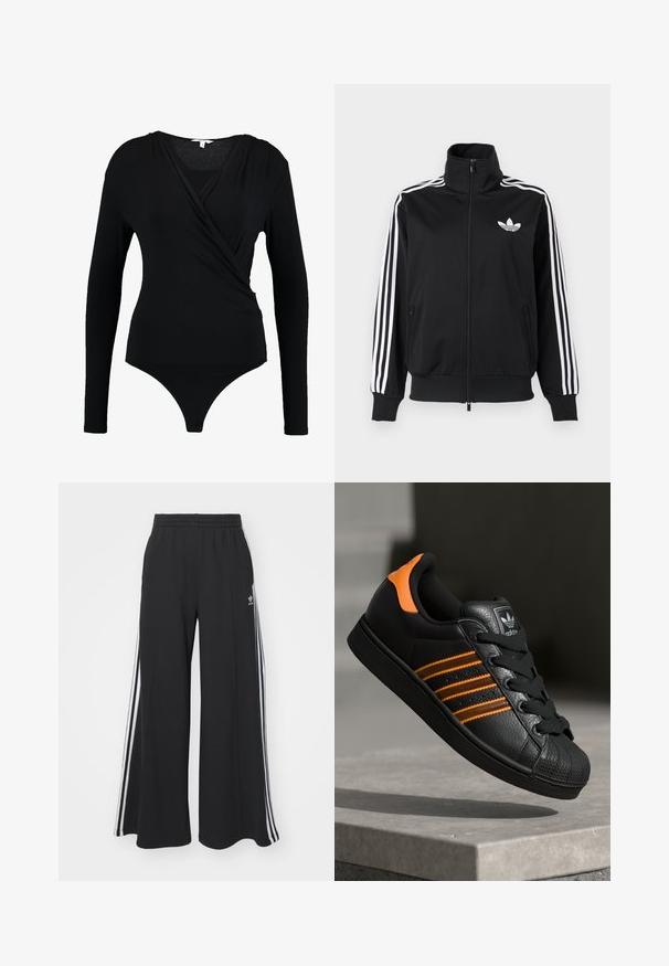 Mustast, siledast kangast tõmblukuga jakk, millel on valged kolm triipu varrukatel ja väike valge logo rinnal.; Musthave mustriga bodysuit, millel on puhas tekstuur ja sügav V-kaelus. Alus on stringikattega.; Mustad laiad trenni püksid elastse vöökohtaga, millel on valged küljeribad ja tikitud logo vasakul reiel.; Mustad mustad mustad oranzhides üksikasjad, kolm horisontaalset triipu, tekstureeritud nahk pealisosa, kummist varbaosa ja mustad paelad.