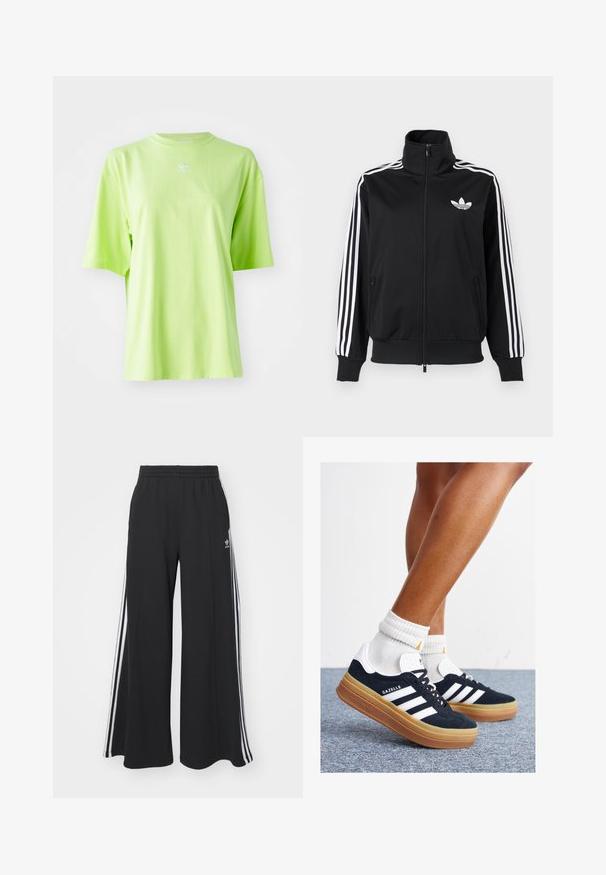 Jachetă neagră cu fermoar, realizată dintr-un material neted, cu accente albe cu trei dungi pe mâneci și un mic logo alb pe piept.; Tricou oversized de culoare verde lime, fabricat din bumbac, cu guler rotund și mâneci scurte. Logo mic alb Adidas pe piept.; Pantaloni de trening negri cu croială largă, prevăzuți cu un brâu elastic, având dungi laterale albe și un logo brodat pe coapsa stângă.; Adidași negri din piele întoarsă cu dungi și accente albe, vârf rotund, talpă de cauciuc gumă, asortați cu șosete albe cu model nervurat.