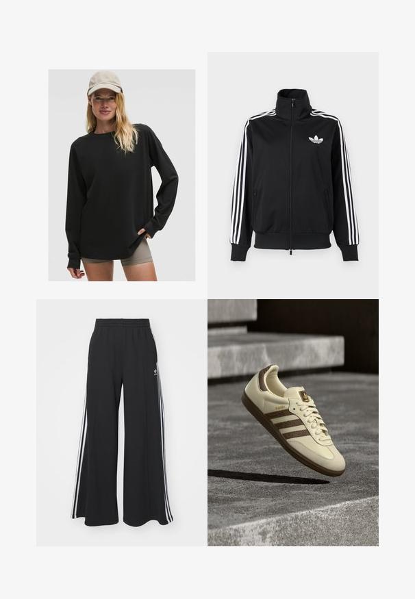 Czarna kurtka zapinana na zamek wykonana z gładkiej tkaniny, z białymi trzema paskami na rękawach i małym białym logo na piersi.; Czarna bluzka z długim rękawem o okrągłym dekolcie i luźnym kroju. W zestawie z szortami w kolorze nude. Wykonana z miękkiego materiału i pełnymi rękawami.; Czarne szerokie spodnie dresowe z elastycznym pasem, z białymi paskami po bokach i haftowanym logo na lewej udzie.; Kremowy tenisówka z brązowymi akcentami, teksturowanymi bocznymi paskami i gładkim wykończeniem ze skóry. Posiada sznurowanie i gumową podeszwę.
