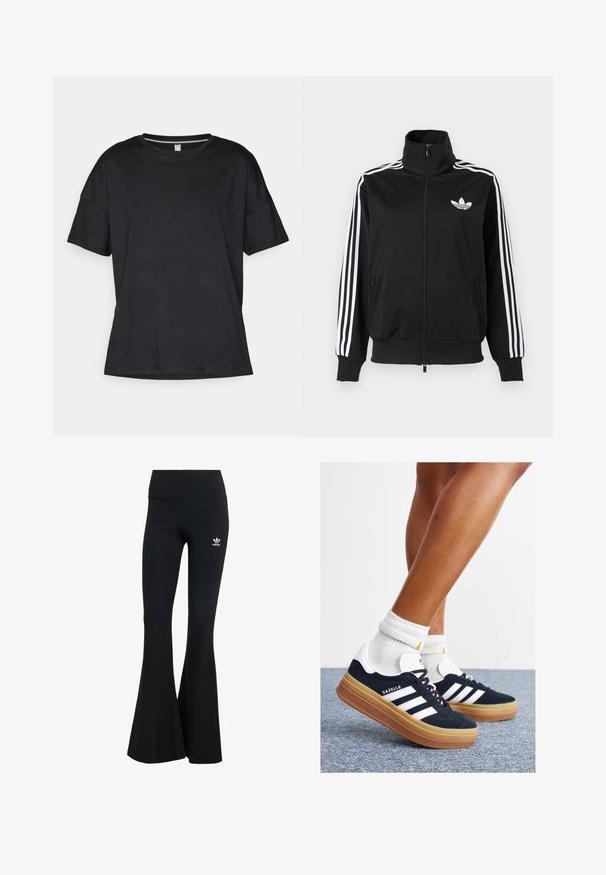 Schwarze Zip-up-Jacke aus glattem Stoff, mit weißen Drei-Streifen-Akzenten an den Ärmeln und einem kleinen weißen Logo auf der Brust.; Schwarzes Kurzarm-T-Shirt aus strukturiertem Stoff mit einem dezenten Wellenmuster, ausgestattet mit einem Rundhalsausschnitt und einem lockeren Schnitt.; Schwarze gerippte Schlagleggings mit einem breiten Bund, ausgestattet mit einem kleinen weißen Adidas-Logo auf der oberen linken Seite. Weicher Stoff.; Schwarze Wildledersneaker mit weißen Streifen und Akzenten, rundlicher Zehenbereich, Sohlen aus braunem Gummi, kombiniert mit weißen, gerippten Sneakersocken.