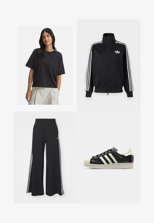 Chaqueta negra con cremallera hecha de tela suave, con acentos blancos de tres franjas en las mangas y un pequeño logo blanco en el pecho.; Mujer con el cabello largo y oscuro, vestida con una camiseta negra de manga corta y holgada, y pantalones de tiro alto en color beige claro, de pie con una mano en el bolsillo.; Pantalones de chándal negros de pierna ancha con una cinturilla elástica, que presentan franjas blancas a los lados y un logo bordado en el muslo izquierdo.; Zapatilla de cuero negro con rayas blancas, puntera de goma, cordones negros y suela color crema. Textura suave con acabado brillante.