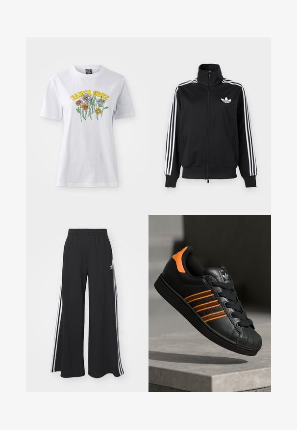 Črna jakna z zadrgo iz gladkega blaga, z belimi tremi črtami na rokavih in majhno belim logotipom na prsih.; Bela bombažna majica s pisanimi cvetličnimi motivi in napisom "SANTA CRUZ" v rumeni barvi, okroglim izrezom, kratkimi rokavi in sproščenim krojem.; Črne široke trenirke z elastičnim pasom, ki imajo bele stranske proge in vezeno logo na levi stegna.; Črne športne copate z oranžnimi akcenti, tremi vodoravnimi črtami, zgornjim delom iz teksturirane usnjene tkanine, gumijastim zaščitnim pokrovom za prste in črnimi vezalkami.