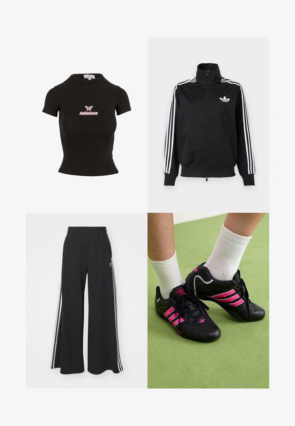 Mustast, siledast kangast tõmblukuga jakk, millel on valged kolm triipu varrukatel ja väike valge logo rinnal.; Must have lühikeste varrukatega must crop top, mis on valmistatud venivast materjalist. Esipaneelil on roosa "felicious" logo ja liblikadisain.; Mustad laiad trenni püksid elastse vöökohtaga, millel on valged küljeribad ja tikitud logo vasakul reiel.; Mustad musta värvi spordijalatsid, millel on kolm roosat triipu, tekstureeritud nahkpealne, mustad paelad ja logo detail, koos valgete ribaga sokkidega rohelisel pinnal.