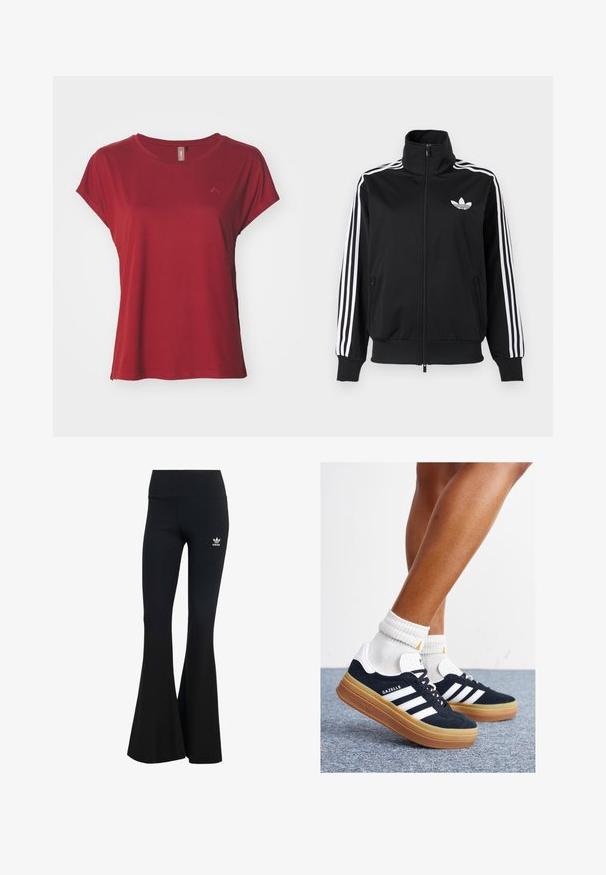 Mustast, siledast kangast tõmblukuga jakk, millel on valged kolm triipu varrukatel ja väike valge logo rinnal.; ONLY Play ONPAUBREE LIFE ON BAT LOOSE TEE - Lihtne T-särk - sun-dried tomato; Mustad ribad flared retuusid laia vöökohtaga, millel on vasakul ülal väikene valge Adidas'i logo. Pehme kangastekstuuri.; Mustad seemisnahast tossud valgete triipude ja detailidega, ümarate varbassosadega, kummist välistallaga, paaritatud valgete soonikuliste meessokkidega.