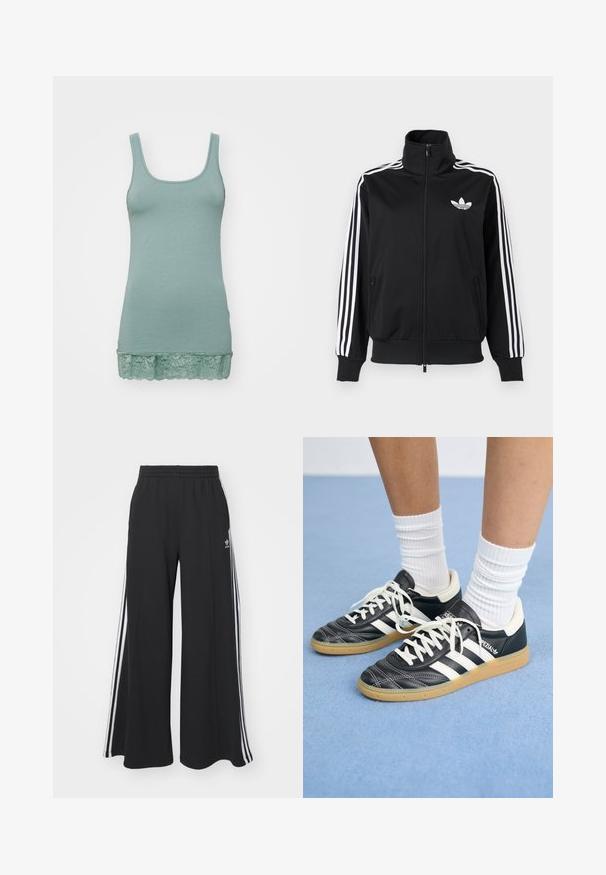 Jachetă neagră cu fermoar, realizată dintr-un material neted, cu accente albe cu trei dungi pe mâneci și un mic logo alb pe piept.; Top verde deschis dintr-un material moale, cu decolteu rotund și dantelă la tiv. Textură netedă, design elastic.; Pantaloni de trening negri cu croială largă, prevăzuți cu un brâu elastic, având dungi laterale albe și un logo brodat pe coapsa stângă.; Adidași din piele neagră cu dungi albe, vârful rotund, șireturi albe și talpă din cauciuc natural. Accentuați de un guler căptușit și detalii de brand.