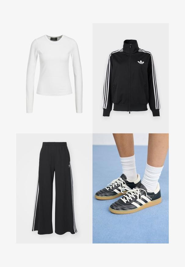 Black zip-up jacket made of smooth fabric, featuring white three-stripe accents on sleeves and a small white logo on the chest.; White long-sleeve fitted top made of lightweight, stretchy fabric. Features a crew neckline and has no visible patterns or embellishments.; Black wide-leg sweatpants with an elastic waistband, featuring white side stripes and an embroidered logo on the left thigh.; Black leather sneakers with white stripes, round toe, white laces, and gum rubber sole. Accentuated by padded collar and branding details.