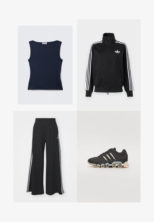 Jachetă neagră cu fermoar, realizată dintr-un material neted, cu accente albe cu trei dungi pe mâneci și un mic logo alb pe piept.; Top fără mâneci de culoare bleumarin, realizat dintr-un material neted și elastic. Prezintă un decolteu rotund și o siluetă ajustată cu un tiv curat.; Pantaloni de trening negri cu croială largă, prevăzuți cu un brâu elastic, având dungi laterale albe și un logo brodat pe coapsa stângă.; Pantof cu aspect sport de culoare neagră, cu un superior texturat, trei dungi argintii și o talpă de amortizare distinctivă, ce prezintă multiple secțiuni integrate.