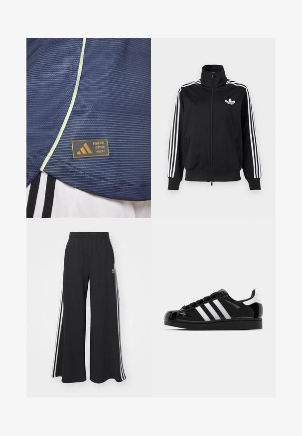 Mustast, siledast kangast tõmblukuga jakk, millel on valged kolm triipu varrukatel ja väike valge logo rinnal.; Tumes sinine sportlik särk tekstuuritud mustriga, mida kaunistavad helesinised äärised ja Adidas litsentsitud toote silt kuldse logo jaotisega.; Mustad laiad trenni püksid elastse vöökohtaga, millel on valged küljeribad ja tikitud logo vasakul reiel.; adidas Originals SUPERSTAR II - Tossud - core black/footwear white/gold metallic