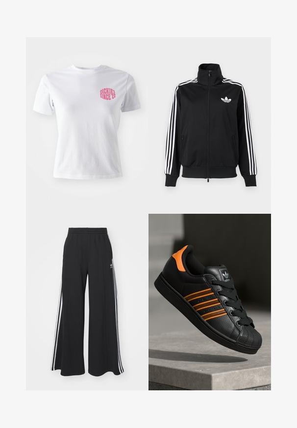 Crna jakna na patentni zatvarač od glatkog tkanja, s bijelim tri pruge na rukavima i malim bijelim logotipom na prsima.; Bijela pamučna majica s kratkim rukavima, koja s lijeve strane na prsima ima ružičasti grafički natpis "DICKIES SINCE '22." Klasičan dizajn s okruglim izrezom.; Crne široke trenirke s elastičnim pojasom, s bijelim bočnim trakama i izvezenim logom na lijevom bedru.; Crni tenisice s narančastim naglascima, tri horizontalne pruge, teksturirani kožni gornji dio, gumen kapica za prste i crne vezice.