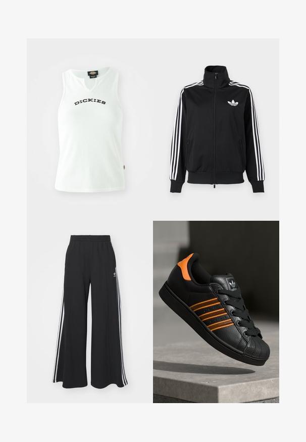Black zip-up jacket made of smooth fabric, featuring white three-stripe accents on sleeves and a small white logo on the chest.; White ribbed tank top with a V-neck design, featuring the word "DICKIES" in bold black letters across the chest. No sleeves.; Black wide-leg sweatpants with an elastic waistband, featuring white side stripes and an embroidered logo on the left thigh.; Black sneaker with orange accents, three horizontal stripes, textured leather upper, rubber toe cap, and black laces.