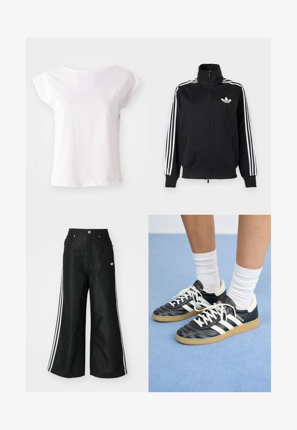 Čierna bunda na zips z hladkého materiálu, s bielymi tromi pruhmi na rukávoch a malým bielym logom na hrudi.; Biela tričko s krátkym rukávom vyrobené z bavlny, s okrúhlym výstrihom a voľným strihom. Obsahuje jemný akcent loga na hrudi.; Čierne džínsy s širokým strihom, s tromi bielymi pruhmi po stranách a malým bielym logom. Obsahujú predné vrecká a zapínanie na gombík.; Čierne kožené tenisky s bielymi pruhmi, okrúhlou špičkou, bielymi šnúrkami a gumovou podrážkou. Vyzdvihujú ich vypchávkovaný golier a detaily s logom.