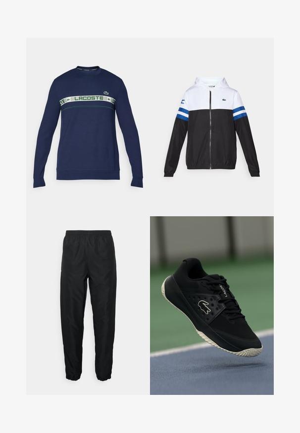 Jakna s kapuljačom bijelog gornjeg dijela, crnog donjeg dijela i plavim horizontalnim prugama na rukavima. Napravljena od laganog materijala s patentnim zatvaračem.; Tamno plavi dukserica dugih rukava od pamuka, s bijelim i zelenim horizontalnim trakama te "LACOSTE" brendiranjem i logotipom na prsima.; Crne atletske hlače napravljene od laganog materijala s elastičnim pojasom i manžetama, s glatkom teksturom i minimalnim detaljem brendiranja.; Crna atletska cipela s teksturiranim gornjim dijelom i glatkim naglascima, s bijelim logotipom, vezanjem i fleksibilnom gumenom potplatom.