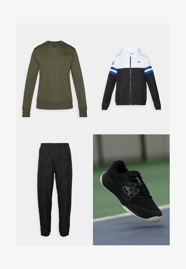 Hooded jacket with a white upper, black lower body, and blue horizontal stripes on sleeves. Made from a lightweight fabric with a zip closure.; Olive green sweatshirt made of soft fabric. Features a round neck, long sleeves, ribbed cuffs, and a small black logo on the chest.; Black athletic pants made of lightweight material with elastic waistband and cuffs, featuring a smooth texture and minimal branding detail.; Black athletic shoe with a textured upper and smooth accents, featuring a white logo, lace-up design, and flexible rubber outsole.