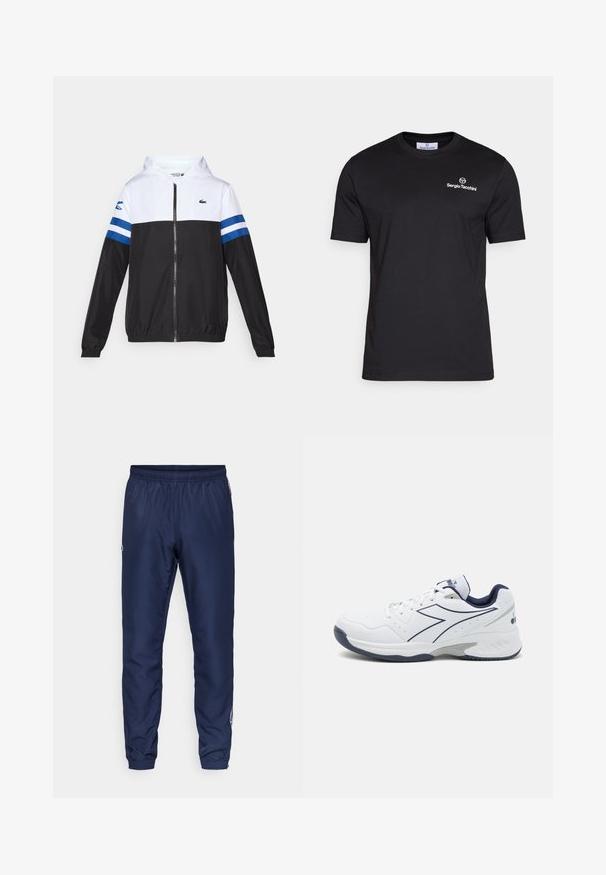 Giacca con cappuccio, parte superiore bianca, parte inferiore nera e strisce orizzontali blu sulle maniche. Realizzata in un tessuto leggero con chiusura a zip.; Sergio Tacchini BOLD - T-shirt basic - black/white; Pantaloni sportivi blu navy realizzati in materiale leggero, con vita elastica e polsini affusolati, caratterizzati da un piccolo dettaglio del logo sul lato.; Scarpa da atletica bianca con accenti blu navy, pannelli in rete e una suola testurizzata. Presenta un design con lacci e un dettaglio del logo prominente di lato.