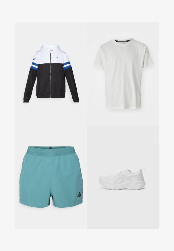 Hooded jack met een witte bovenkant, zwarte onderkant en blauwe horizontale strepen op de mouwen. Gemaakt van een lichtgewicht stof met een ritssluiting.; ASICS GAME - T-shirt basic - cream; Tegensport shorts in teal met een gestructureerde tailleband, zijzakken en een zwart Adidas-logo aan de rechteronderkant. Lichte stof.; Witte sportschoen met een gestructureerde mesh bovenkant, innovatieve demping, een gebogen zool en een trekhaak aan de hiel voor gemakkelijk aan- en uittrekken.