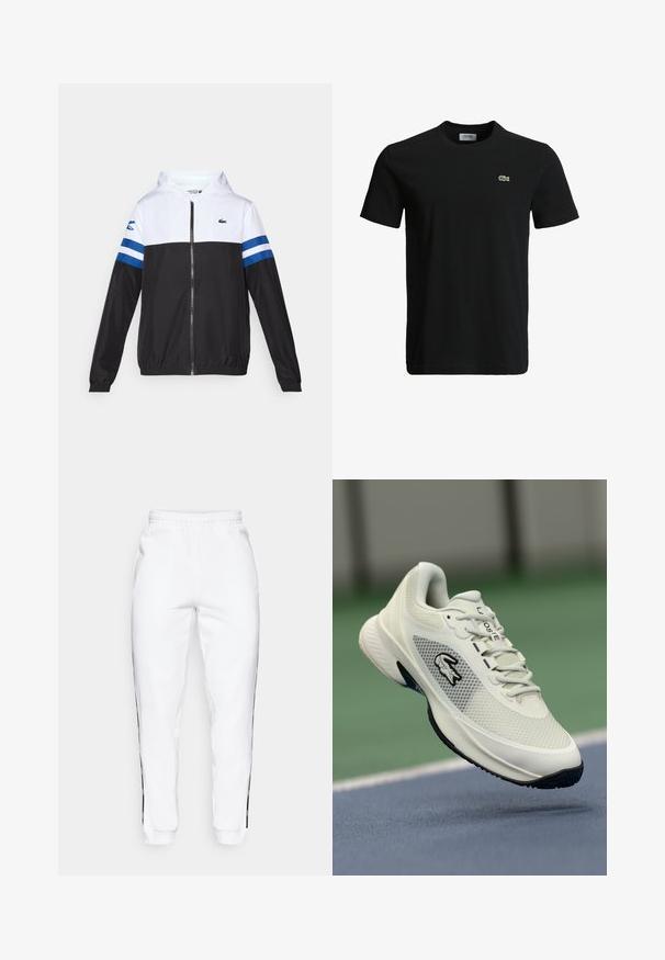 Hettejakke med hvit overdel, svart nedre del og blå horisontale striper på ermene. Laget av et lett materiale med glidelås.; Svart bomulls T-skjorte med rund hals, korte ermer, og en liten grønn krokodille-logo på venstre bryst. Glatt tekstur, uformelt design.; Hvite joggebukser med elastisk midje, med svarte sidestriper og mansjetter. Laget av myk stoff med en glatt tekstur.; Hvite sportssko med mesh-overdel, svarte detaljer, teksturert såle og fremtredende logo på siden, plassert mot en bakgrunn av en bane.