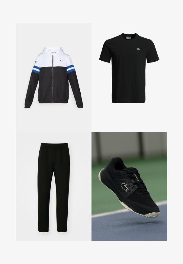 Hedvábná bunda s bílou horní částí, černou spodní částí a modrými vodorovnými pruhy na rukávech. Vyrobena z lehkého materiálu se zapínáním na zip.; Černé bavlněné tričko s kulatým výstřihem, krátkými rukávy a malým zeleným krokodýlem na levé hrudi. Hladká textura, neformální design.; Černé joggingové kalhoty vyrobené z měkké, elastické látky. Mají přiléhavý střih, pružný pas a boční kapsy. Jednoduchý, minimalistický design.; Černá atletická bota s texturovaným svrškem a hladkými akcenty, která má bílou značku, šněrovací design a flexibilní gumovou podrážku.
