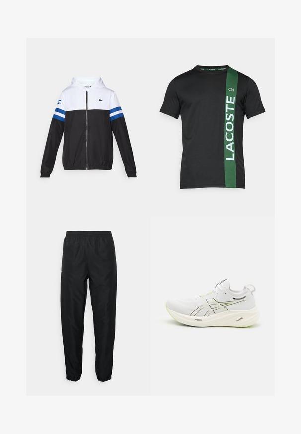 Hoodie mit einem weißen Oberteil, schwarzem Unterteil und blauen horizontalen Streifen an den Ärmeln. Aus einem leichten Stoff mit einem Reißverschluss.; Schwarzes T-Shirt mit kurzen Ärmeln, das einen grünen vertikalen Streifen mit "LACOSTE" in Weiß zeigt, aus glattem Stoff. Logo auf der linken Brust.; Schwarze Sporthose aus leichtem Material mit elastischem Bund und Bündchen, die eine glatte Textur und minimale Markenkennzeichnung aufweist.; ASICS GEL-NIMBUS 26 - Laufschuh Straße - white/birch