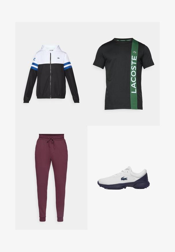 Hooded jack met een witte bovenkant, zwarte onderkant en blauwe horizontale strepen op de mouwen. Gemaakt van een lichtgewicht stof met een ritssluiting.; Zwarte t-shirt met korte mouwen, voorzien van een groene verticale streep met "LACOSTE" in het wit gedrukt, gemaakt van gladde stof. Logo op de linkerkant van de borst.; Bordeaux joggers van een katoenmix, met een trekkoord in de taille, twee zijzakken en elastische boorden bij de enkels.; Witte sportschoen met marineblauwe accenten, bovenwerk van mesh, gestructureerd design, perforaties, vetersluiting en een logo aan de zijkant. Rubberen buitenzool.
