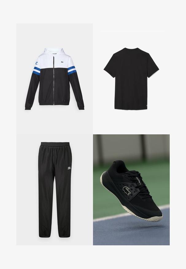 Hooded jacket with a white upper, black lower body, and blue horizontal stripes on sleeves. Made from a lightweight fabric with a zip closure.; Short-sleeve black t-shirt made of soft cotton fabric. Simple design with a crew neck and no visible patterns or accents.; Black Umbro track pants with elastic waistband, side pockets, tapered legs, and logo on the right thigh against a white background.; Black athletic shoe with a textured upper and smooth accents, featuring a white logo, lace-up design, and flexible rubber outsole.