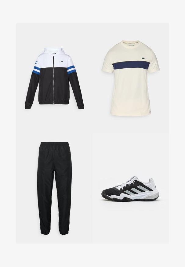 Hooded jaka ar baltu augšdaļu, melnu apakšējo daļu un zilām horizontālām svītrām uz piedurknēm. Izgatavota no viegla materiāla ar rāvējslēdzēju.; Kādam un jūras zila Lacoste t-kreklu ar apļveida kakla izgriezumu, īsām piedurknēm un horizontālu krāsu bloku. Iezīmēts ar zaļu krokodila logo.; Melnas sporta bikses, kas izgatavotas no viegla materiāla, ar elastīgu jostu un aprocēm, piedāvājot gludu tekstūru un minimālu zīmola atzīmi.; Melnbalti sporta apavi ar strukturētu tīkla augšdaļu, gumijas zoli un trim sudraba akcentu svītrām sānos.
