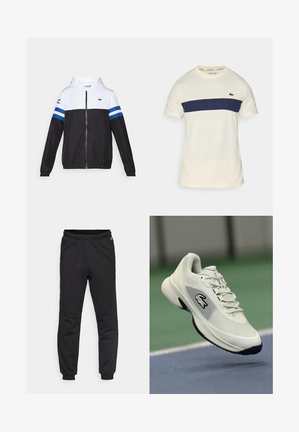 Hettejakke med hvit overdel, svart nedre del og blå horisontale striper på ermene. Laget av et lett materiale med glidelås.; Hvit og marineblå Lacoste t-skjorte med rund hals, korte ermer og horisontal fargeblokk. Har en grønn krokodillelogo.; Sorte joggebukser med elastisk midje og mansjetter, laget av mykt stoff. Har et lite logo på venstre side for detaljer.; Hvite sportssko med mesh-overdel, svarte detaljer, teksturert såle og fremtredende logo på siden, plassert mot en bakgrunn av en bane.