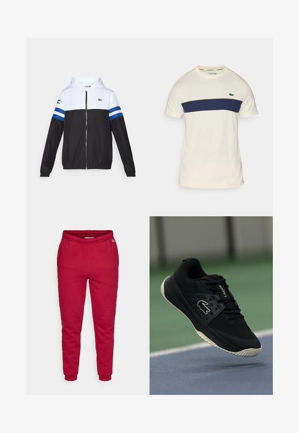 Kapuca jakna z belim zgornjim delom, črnim spodnjim delom in modrimi vodoravnimi črtami na rokavih. Narejena je iz lahkotnega materiala z zadrgo.; Krema in mornarsko modra Lacoste majica s krožnim izrezom, kratkimi rokavi in horizontalnim barvnim blokom. Ima zeleni krokodilov logotip.; Rdeče trenirke iz mehkega materiala, z elastičnim pasom in zoženimi manšetami. Stranske črte prikazujejo besedilo v kontrastnih barvah.; Črne atletske čevlje z teksturirano zgornjim delom in gladkimi detajli, s belim logotipom, vezalkami in fleksibilnim gumijastim podplatom.